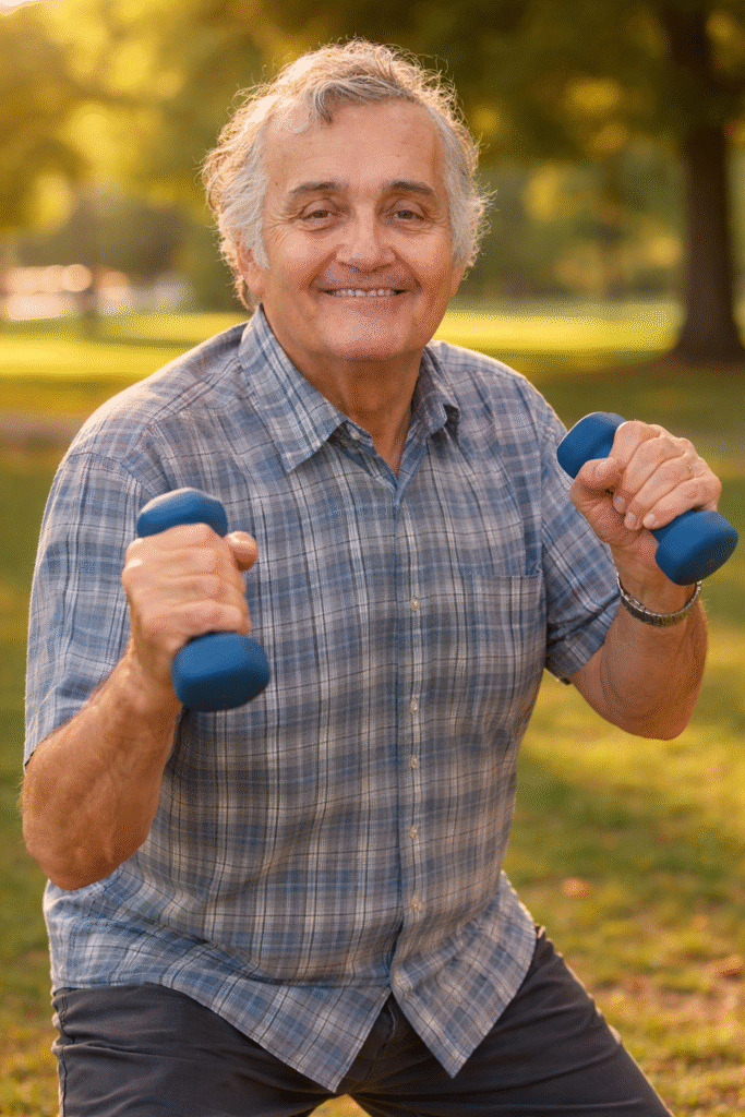 Exercise physiologist guiding strength and balance exercises for older adults